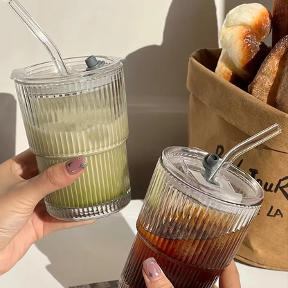 Stripe Glass Cups with Lid and Straw