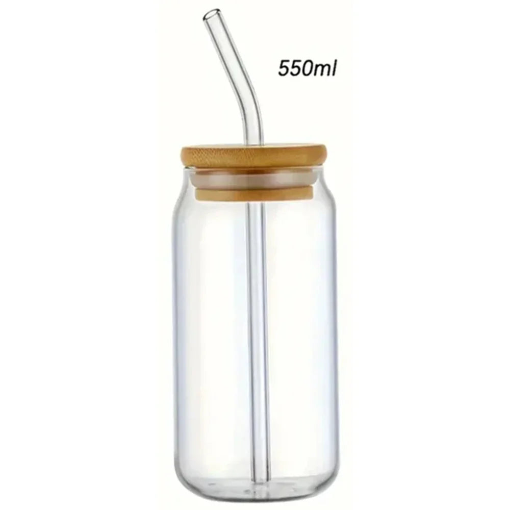 Glass Cups with Bamboo Lids and Straw