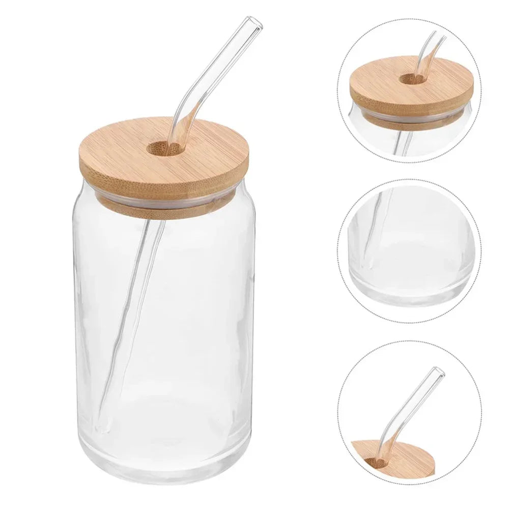 Glass Cups with Bamboo Lids and Straw