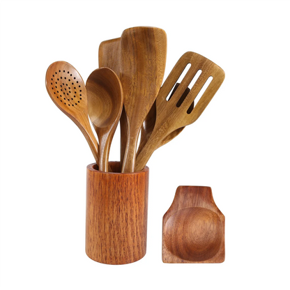 9PCS Wooden Cooking Utensils Set with Spoon Rest and Holder