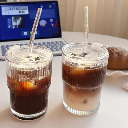 Stripe Glass Cups with Lid and Straw