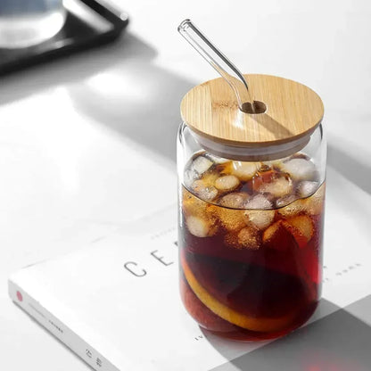 Glass Cups with Bamboo Lids and Straw