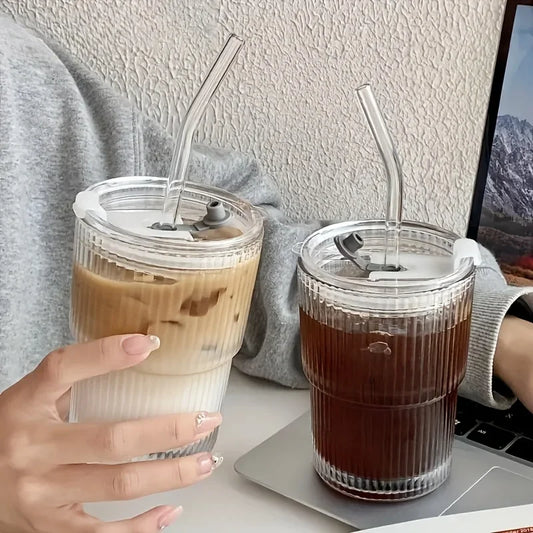 Stripe Glass Cups with Lid and Straw