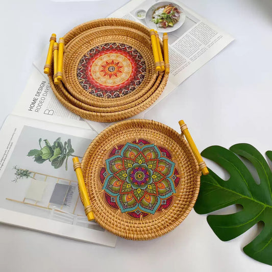 Handmade Rattan Tray with Colorful Floral Design