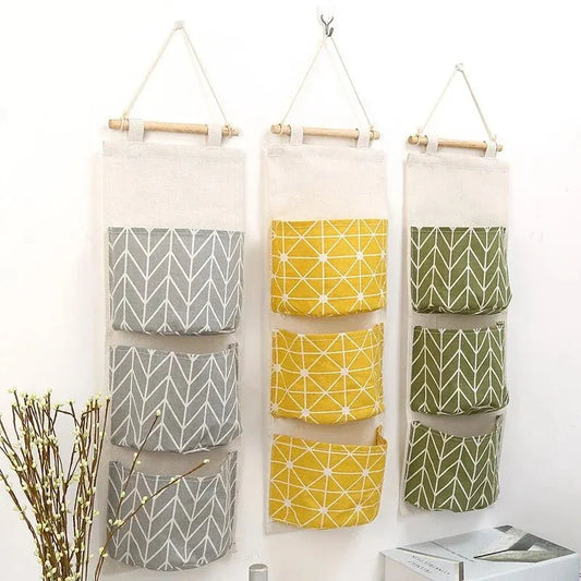 Cotton Linen Hanging Storage Bag with 3 Pockets