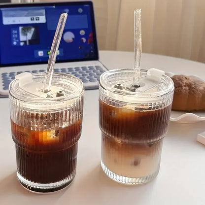 Stripe Glass Cups with Lid and Straw