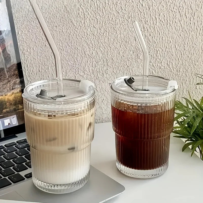 Stripe Glass Cups with Lid and Straw