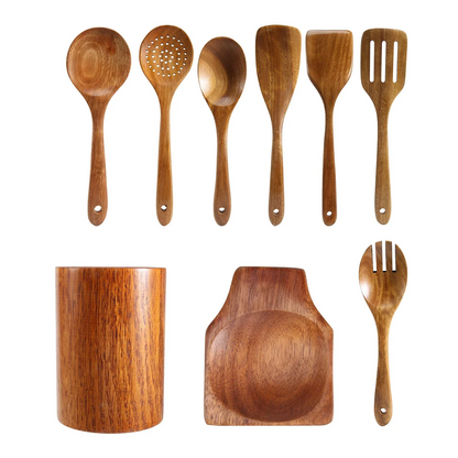 9PCS Wooden Cooking Utensils Set with Spoon Rest and Holder